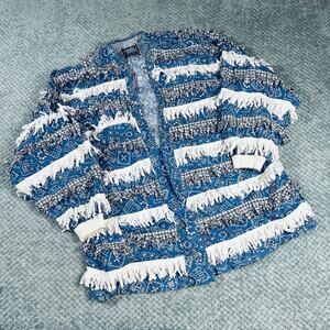 Vtg Paula Sweet Muslin Mink Art toWear Blue/White Paisley Cotton Fringe Cardigan